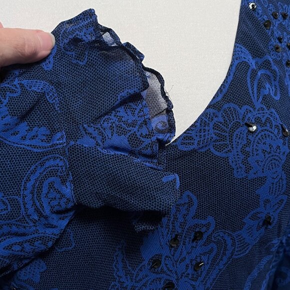 Vtg Paradise NY Blue Lace Look Maxi Dress Bias Cut Ruffle Sleeves Sequin Lined L - Picture 4 of 9